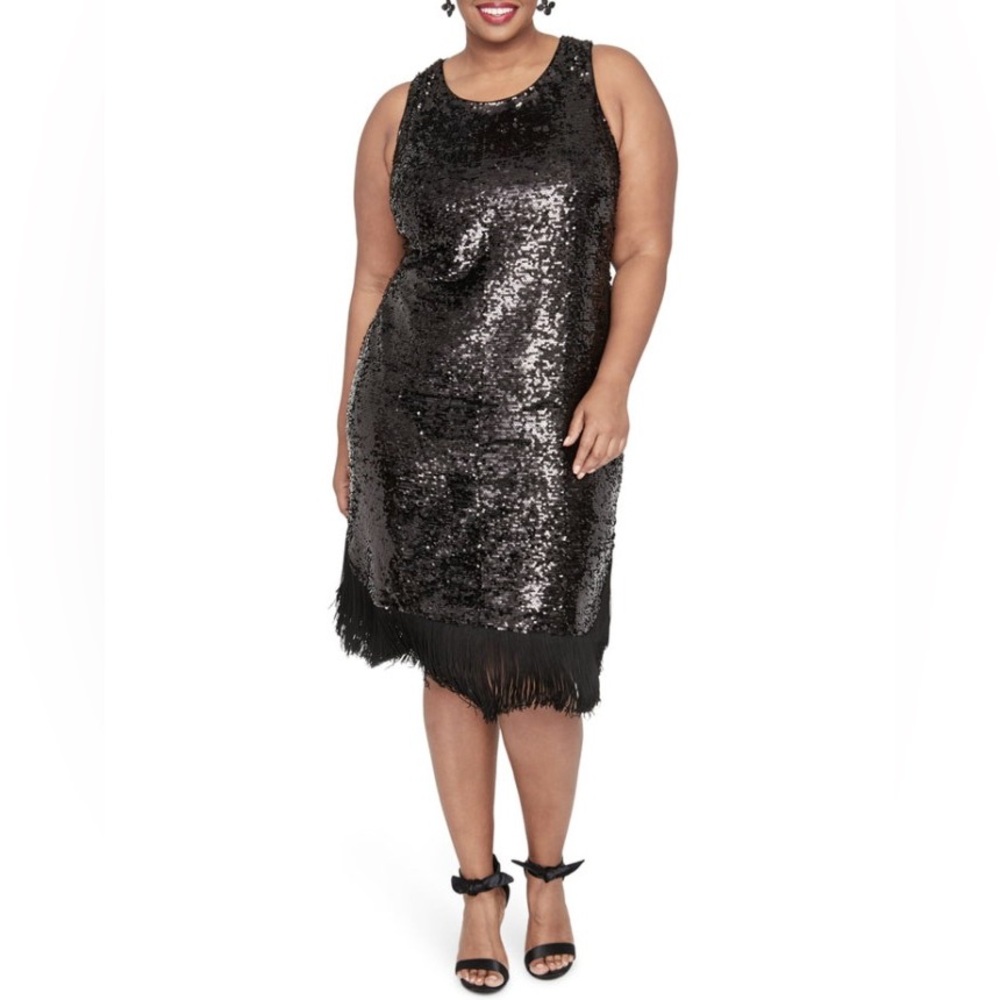 Rachel Roy Black Sequin Dress with Fringe Detail NWT // size 18w